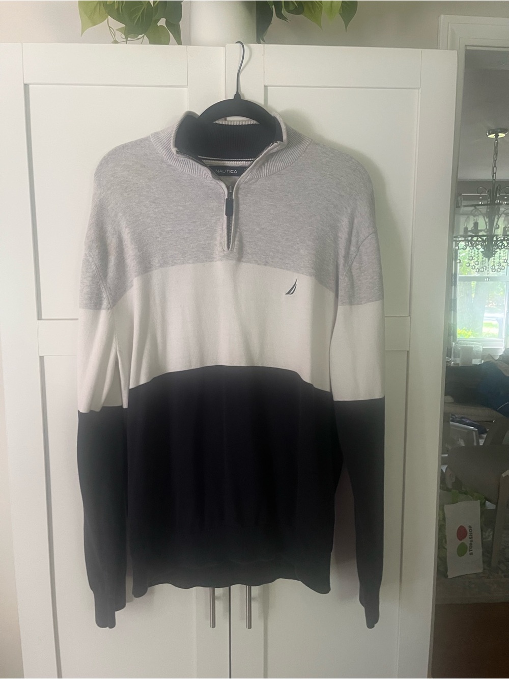 Nautica Men’s Grey White Blue Colorblock Half-Zip Sweater